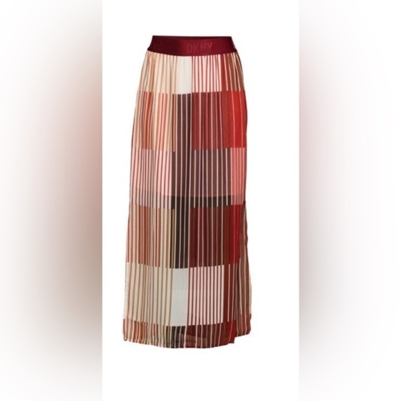 DKNY Women's Logo Striped MIDI Skirt - Red Pop White Size Large new - Picture 3 of 5